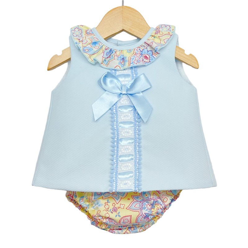 Baby Girl Blue Waffle Open Back Dress with Pants "LM022"