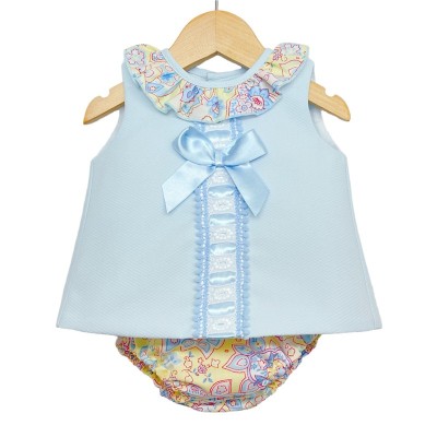 Baby Girl Blue Waffle Open Back Dress with Pants "LM022"