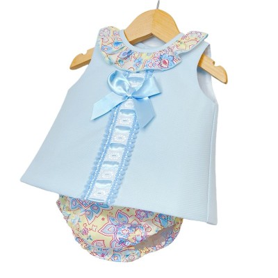 Baby Girl Blue Waffle Open Back Dress with Pants "LM022"