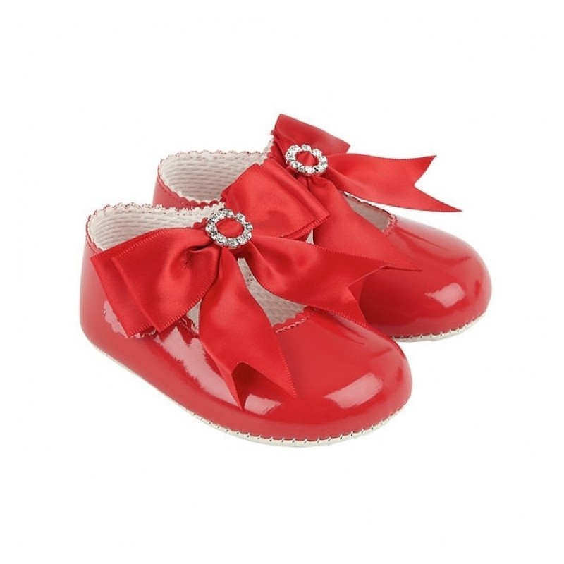 Baby Girls Big Diamante Bow Patent Pram Shoes "B060 Red"