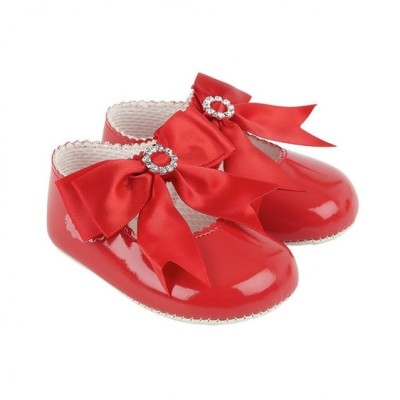 Baby Girls Big Diamante Bow Patent Pram Shoes "B060 Red"