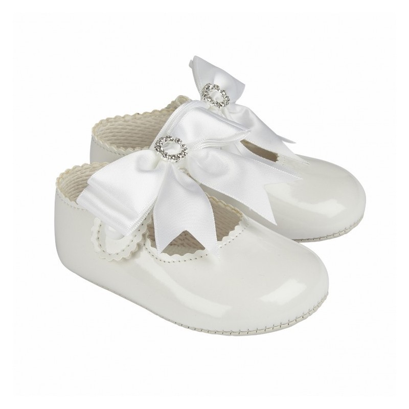 Baby Girls Big Diamante Bow Patent Pram Shoes "B060 White"