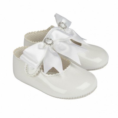 Baby Girls Big Diamante Bow Patent Pram Shoes "B060 White"