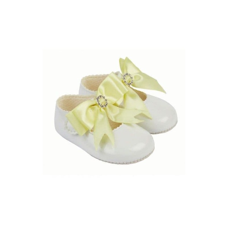 Baby Girls Big Diamante Bow Patent Pram Shoes "B060 White / Yellow"