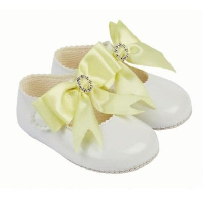 Baby Girls Big Diamante Bow Patent Pram Shoes "B060 White / Yellow"