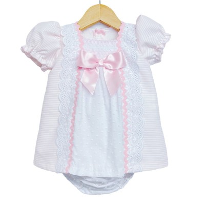 Baby Girl Pink Smocking Dress with Pants Satin Bow "MYD2202"