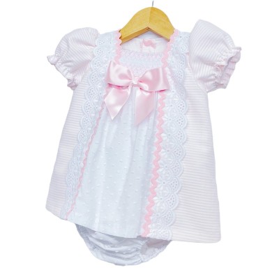 Baby Girl Pink Smocking Dress with Pants Satin Bow "MYD2202"