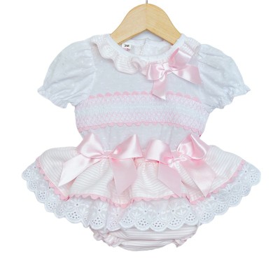 Baby Girl Pink Frilly Skirt with Smocked Shirt Satin Bow "MYD2203P"