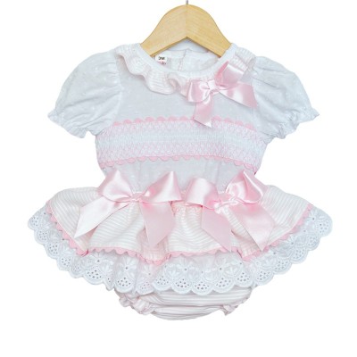 Baby Girl Pink Frilly Skirt with Smocked Shirt Satin Bow "MYD2203P"