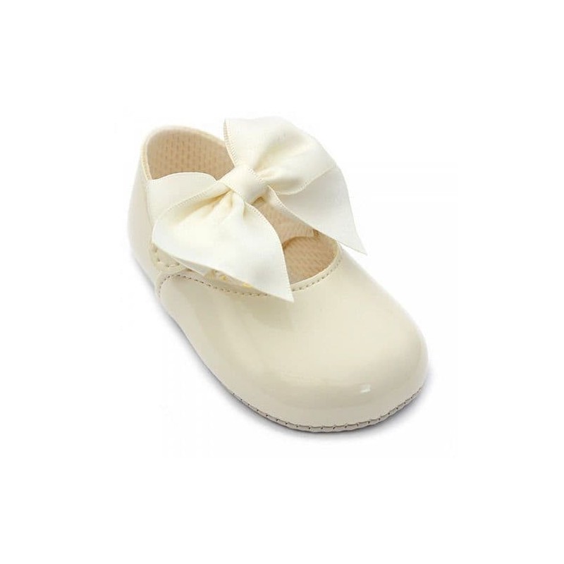 Baby Girls Big Bow Patent Pram Shoes "B025 Cream"