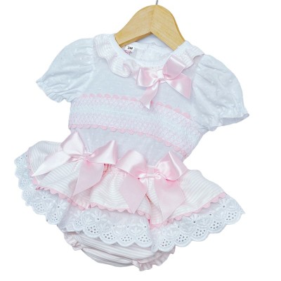 Baby Girl Pink Frilly Skirt with Smocked Shirt Satin Bow "MYD2203P"