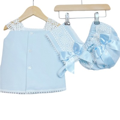 Baby Girl Blue Waffle Dress with Pant& Bonnet "MYD2207"