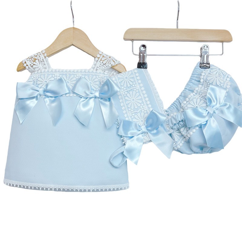 Baby Girl Blue Waffle Dress with Pant& Bonnet "MYD2207"