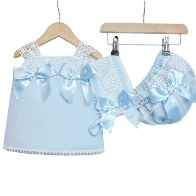 Baby Girl Blue Waffle Dress with Pant& Bonnet "MYD2207"