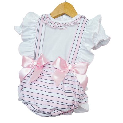 Baby Girl Pink Stripe Frilly Shoulder Skirt with Shirt "LM8804"