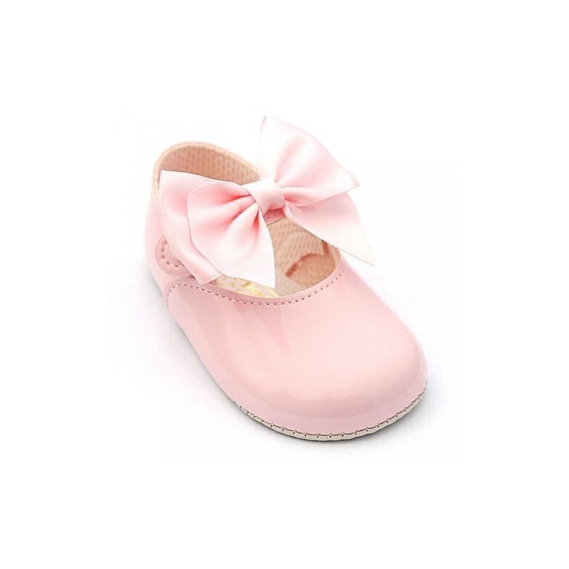 Baby Girls Big Bow Patent Pram Shoes "B025 Pink"