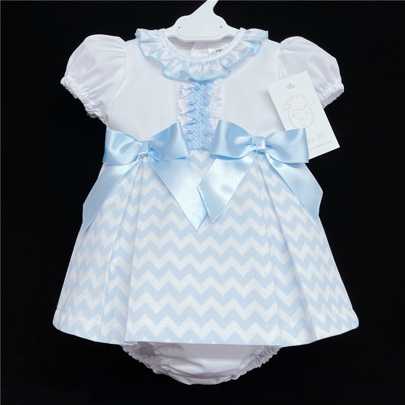 Baby Girl Blue Zig Zag Dress with Pants Satin Bows "MYD304 B"