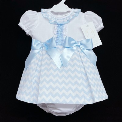 Baby Girl Blue Zig Zag Dress with Pants Satin Bows "MYD304 B"