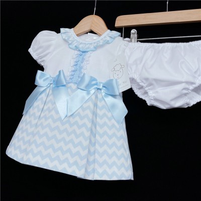 Baby Girl Blue Zig Zag Dress with Pants Satin Bows "MYD304 B"