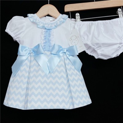 Baby Girl Blue Zig Zag Dress with Pants Satin Bows "MYD304 B"