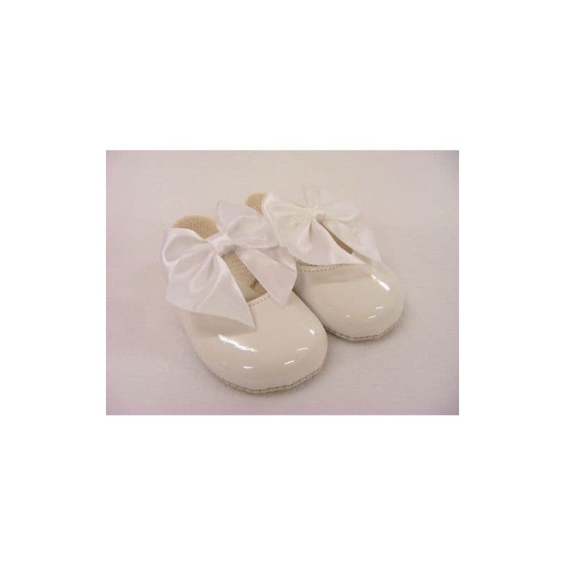 Baby Girls Big Bow Patent Pram Shoes "B025 White"