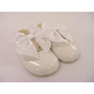 Baby Girls Big Bow Patent Pram Shoes "B025 White"