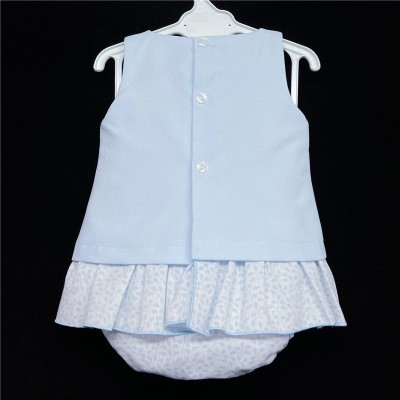 Baby Girl Blue Waffle Dress with Pants Frilly Bow "MYD310"