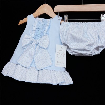 Baby Girl Blue Waffle Dress with Pants Frilly Bow "MYD310"