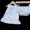 Baby Girl Blue Waffle Dress with Pants Frilly Bow "MYD310"