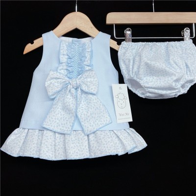 Baby Girl Blue Waffle Dress with Pants Frilly Bow "MYD310"