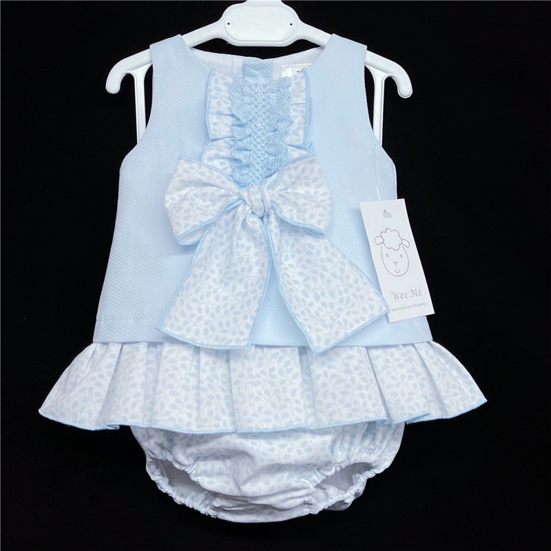 Baby Girl Blue Waffle Dress with Pants Frilly Bow "MYD310"