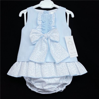 Baby Girl Blue Waffle Dress with Pants Frilly Bow "MYD310"