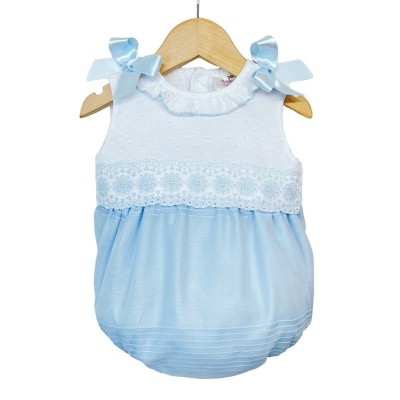 Baby Girl Blue with White Linen Romper with Shoulder Bows "MYD2205B"