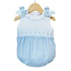 Baby Girl Blue with White Linen Romper with Shoulder Bows "MYD2205B"