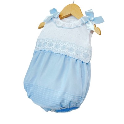 Baby Girl Blue with White Linen Romper with Shoulder Bows "MYD2205B"