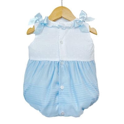 Baby Girl Blue with White Linen Romper with Shoulder Bows "MYD2205B"
