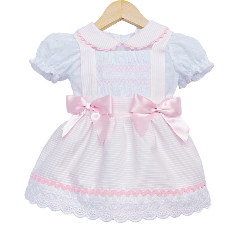 Baby Girl Pink Smocked Pinafore with Shirt Satin Bows "MYD2222P"