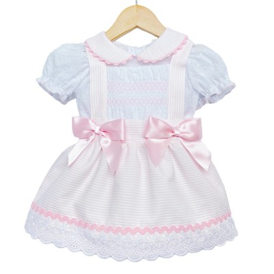 Baby Girl Pink Smocked Pinafore with Shirt Satin Bows "MYD2222P"