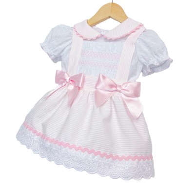 Baby Girl Pink Smocked Pinafore with Shirt Satin Bows "MYD2222P"
