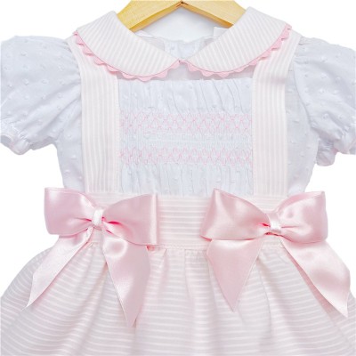 Baby Girl Pink Smocked Pinafore with Shirt Satin Bows "MYD2222P"