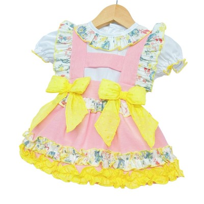 Baby Girl Pink with Yellow Floral Pinafore Set "LM2209P"