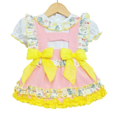 Baby Girl Pink with Yellow Floral Pinafore Set "LM2209P"