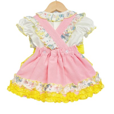 Baby Girl Pink with Yellow Floral Pinafore Set "LM2209P"