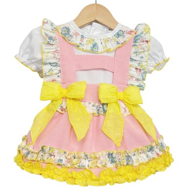 Baby Girl Pink with Yellow Floral Pinafore Set "LM2209P"