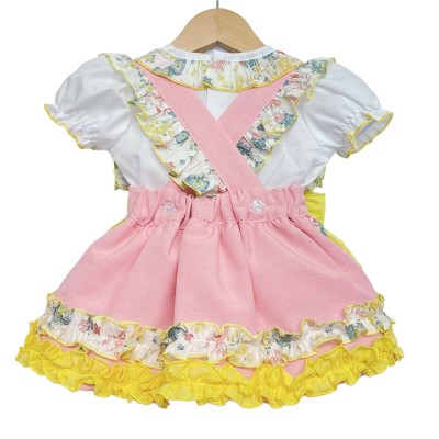 Baby Girl Pink with Yellow Floral Pinafore Set "LM2209P"