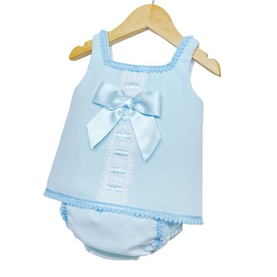 Baby Girls Blue Waffle A Line Dress with Pants "LM013B"