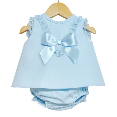 Baby Girl Blue Waffle Open Back Dress with Pants "LM016 B"