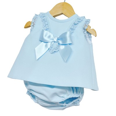 Baby Girl Blue Waffle Open Back Dress with Pants "LM016 B"