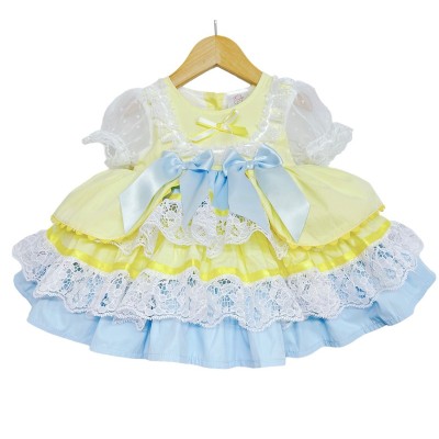 Baby Girl Yellow Blue Puff Ball Lacey Dress "2159 Yellow"