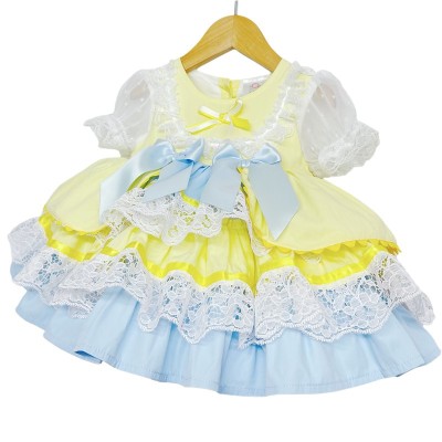 Baby Girl Yellow Blue Puff Ball Lacey Dress "2159 Yellow"